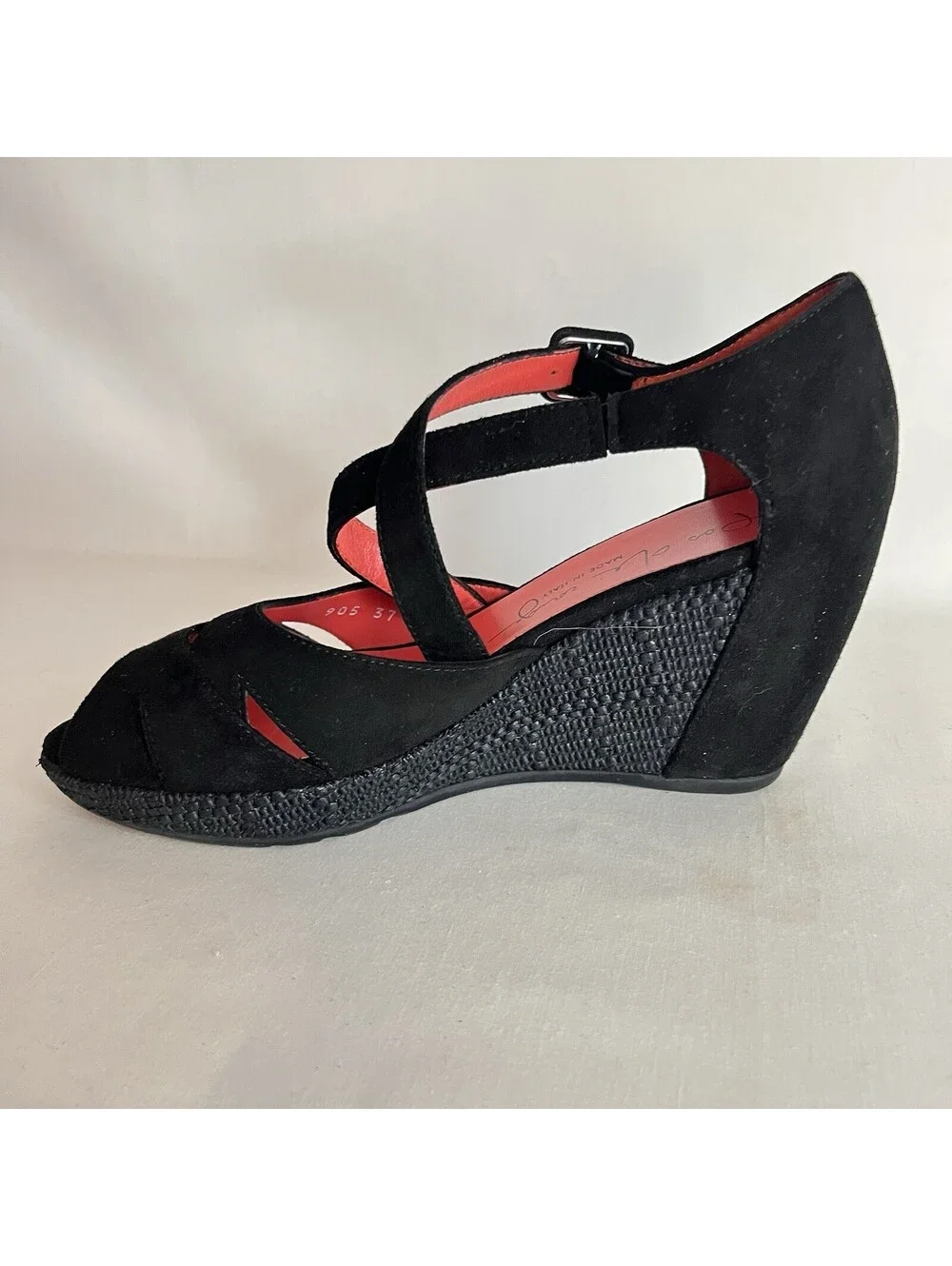Pas De Rouge Italy Black Suede Platform Wedge Sandal Sz 37 US 6.5